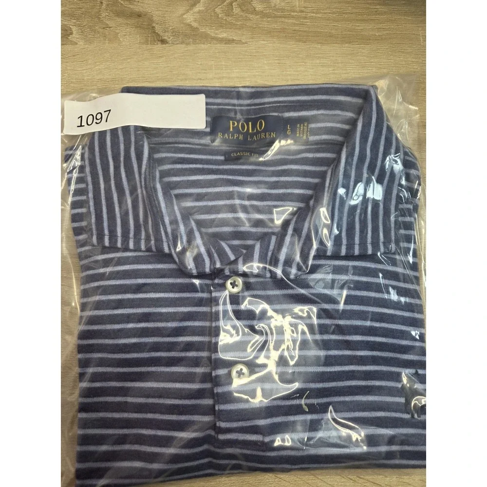 Polo Ralph Lauren Shirt Men Large Blue Striped Two Tone Classic Fit Short Sleeve